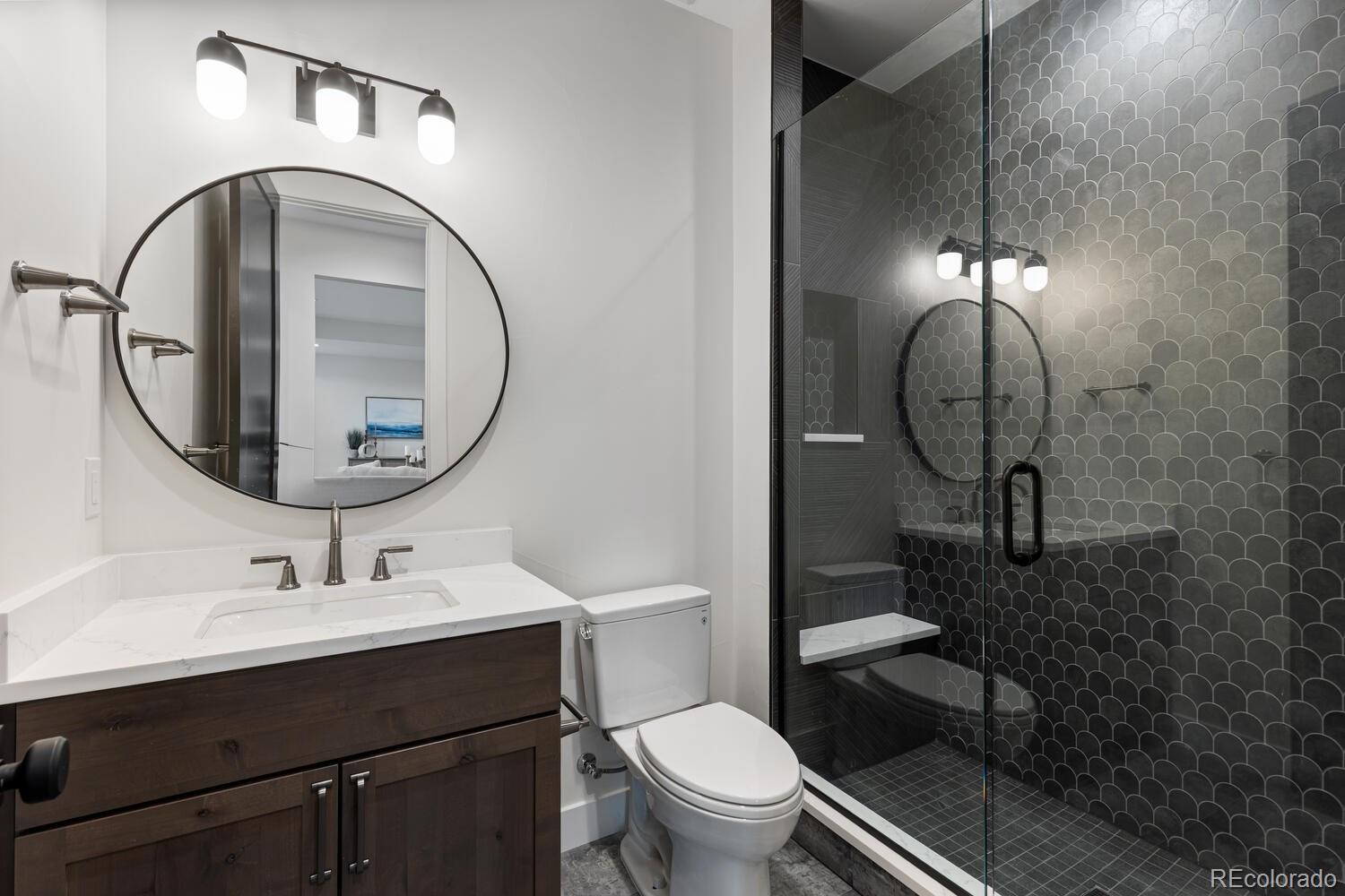 11115 Evening Hunt Road Franktown, CO 80116 - Photo 36 of 46 a bathroom with a toilet a sink and mirror