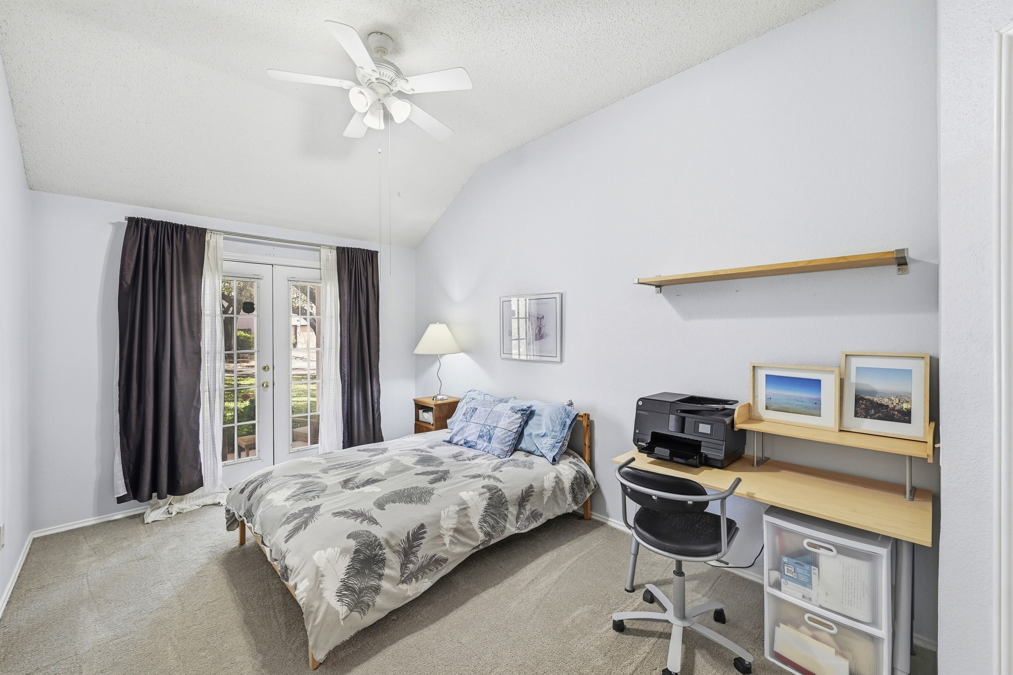 10803 Pinkney Lane Austin, TX 78739 - Photo 26 of 38 Carpeted bedroom featuring french doors, access to exterior, an office area, and ceiling fan