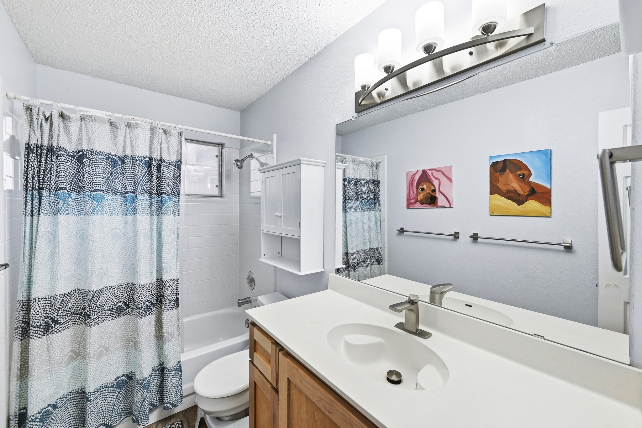 10803 Pinkney Lane Austin, TX 78739 - Photo 28 of 38 Bathroom featuring vanity, a textured ceiling, and shower / tub combo