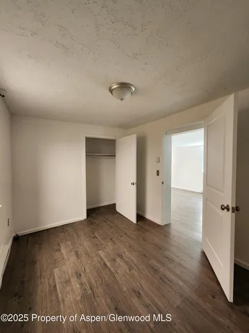 an empty room with wooden floor and closet