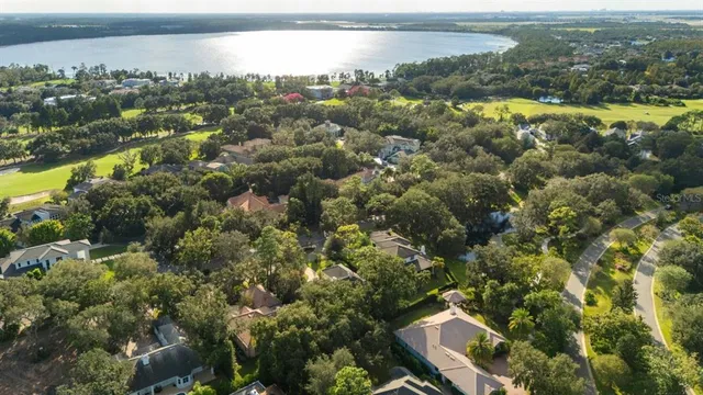 an aerial view of residential houses with outdoor space and trees