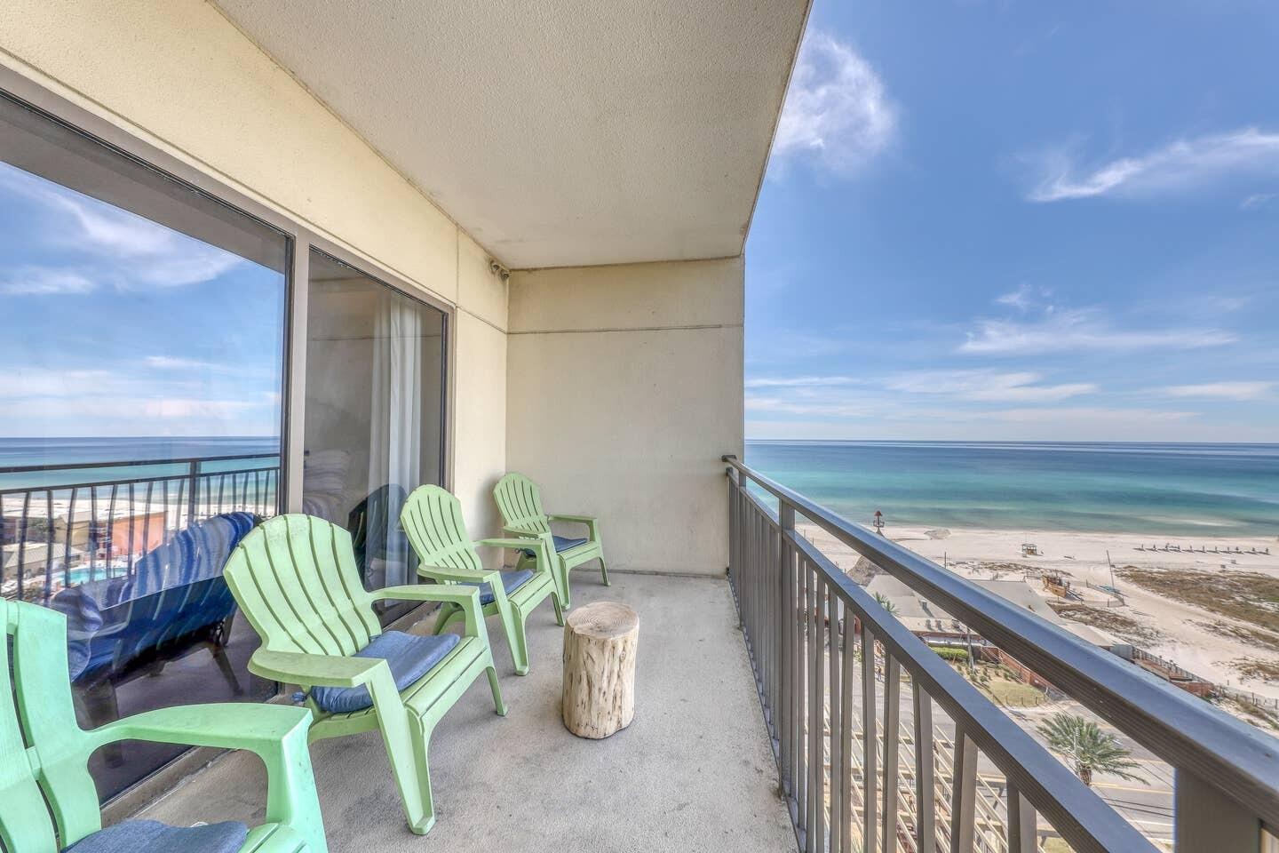 15100 Front Beach Road, Unit 1107 Panama City Beach, FL 32413 - Photo 18 of 24 a balcony with chairs and a table