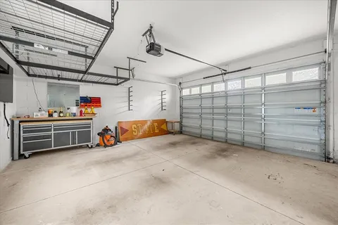 a view of a garage with storage