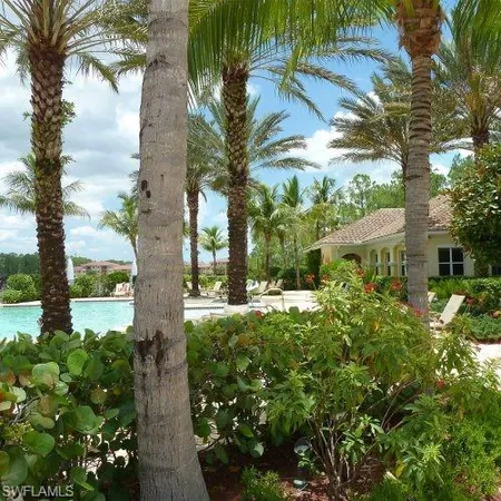 a view of a swimming pool with a patio and palm trees