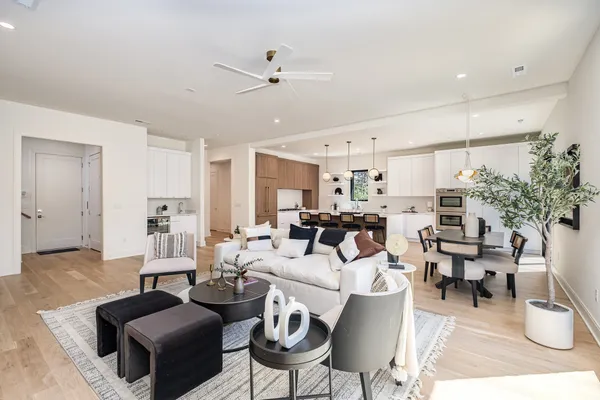 a living room with furniture and a potted plant