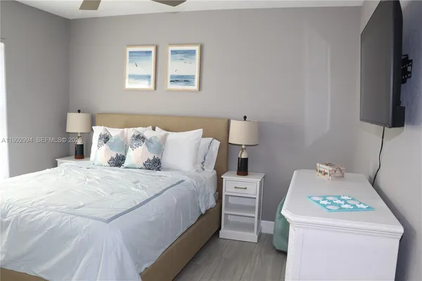 a bedroom with a bed and a flat screen tv