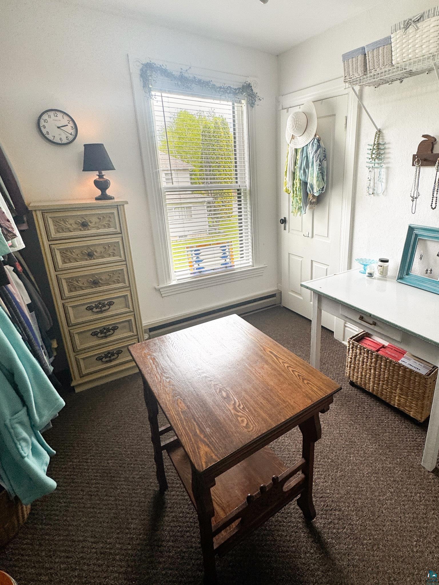 303 East 5th Street Washburn, WI 54891 - Photo 29 of 34 Carpeted room featuring a white-framed window with blinds, a white paneled door, and a built-in wire shelving unit