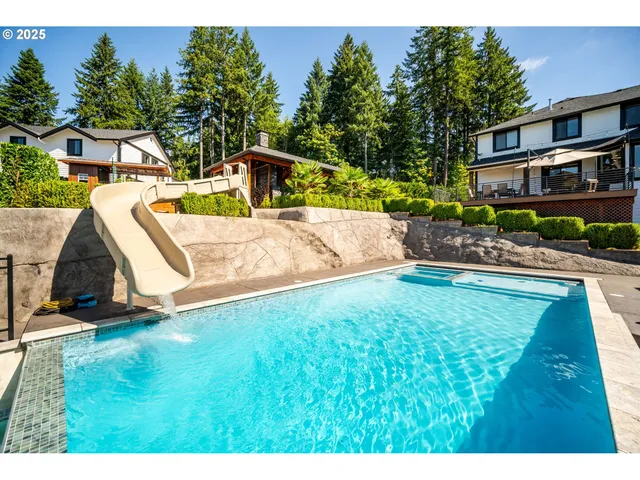 a view of a swimming pool with a yard