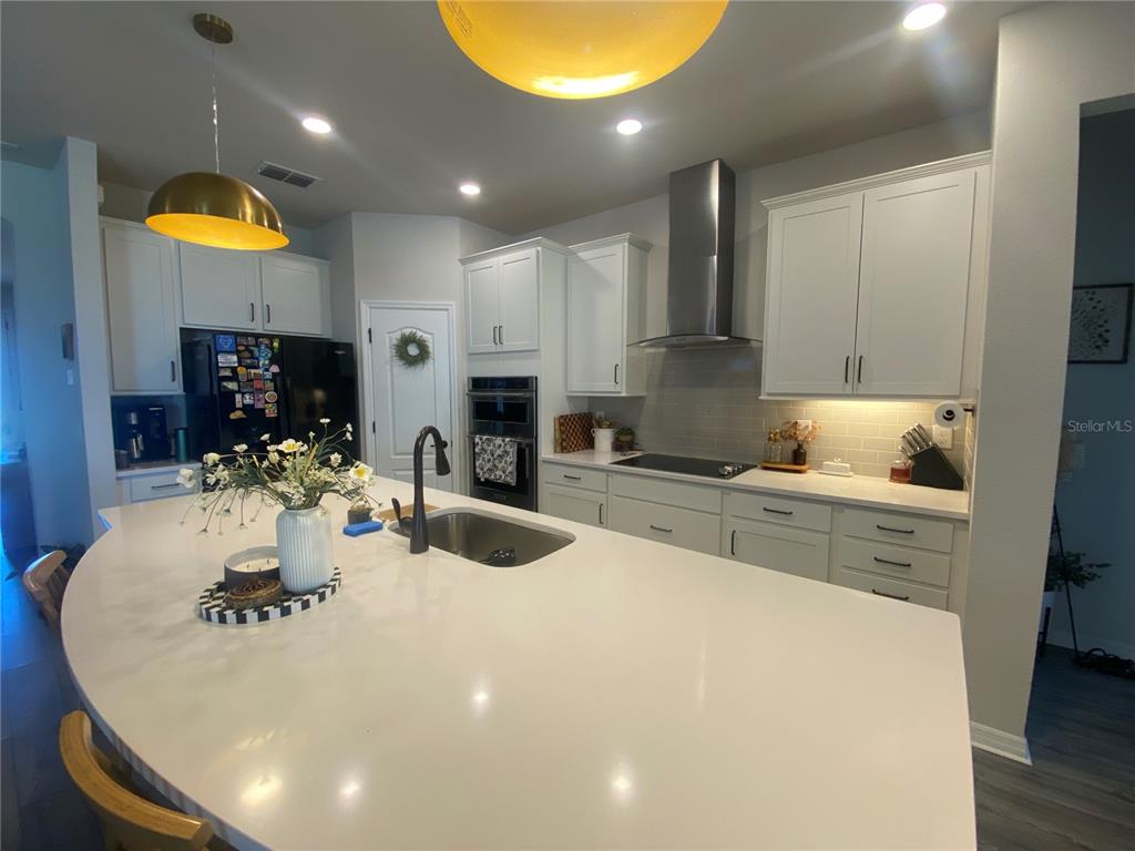 9610 Rally Spring Loop Wesley Chapel, FL 33545 - Photo 7 of 38 a large white kitchen with kitchen island a sink a stove and refrigerator
