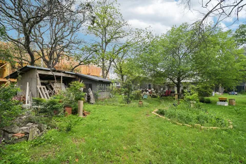 a backyard of a house with plants and tree