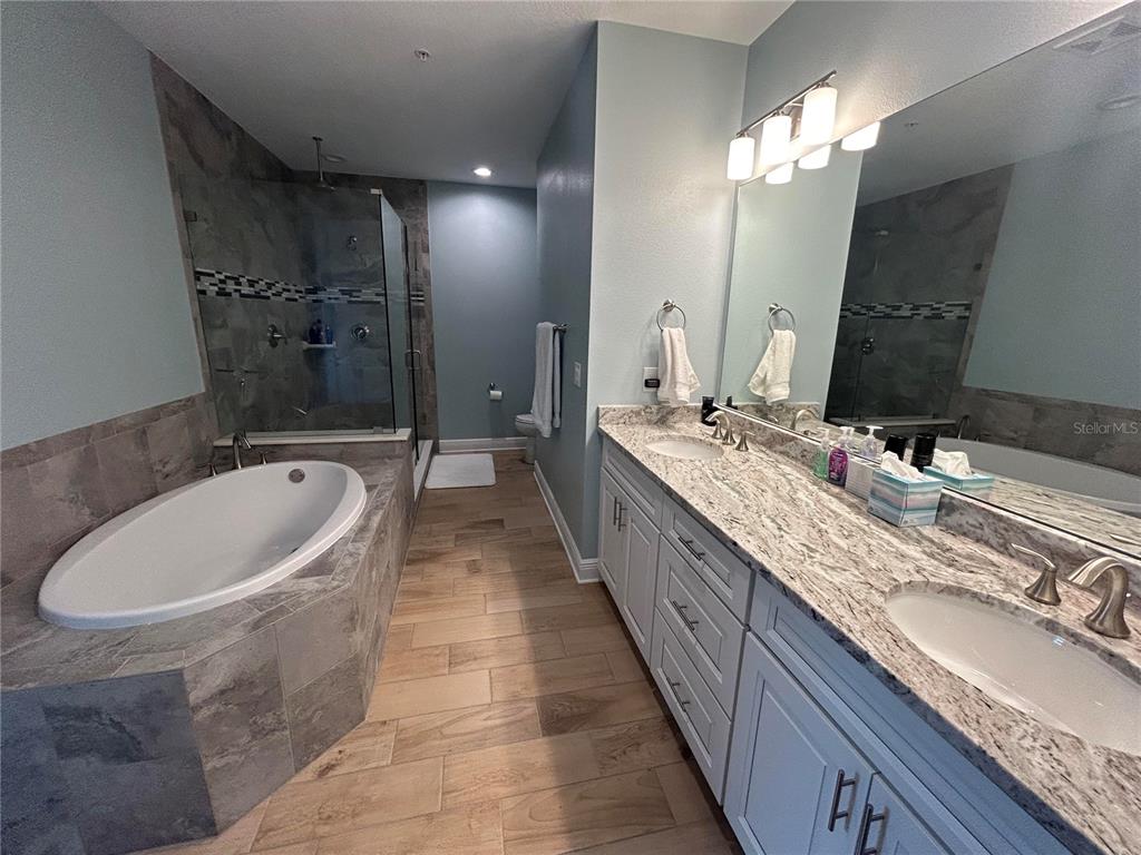 3426 79th Street Circle West, Unit 203 Bradenton, FL 34209 - Photo 15 of 30 a bathroom with a granite countertop double vanity sink a bathtub and shower