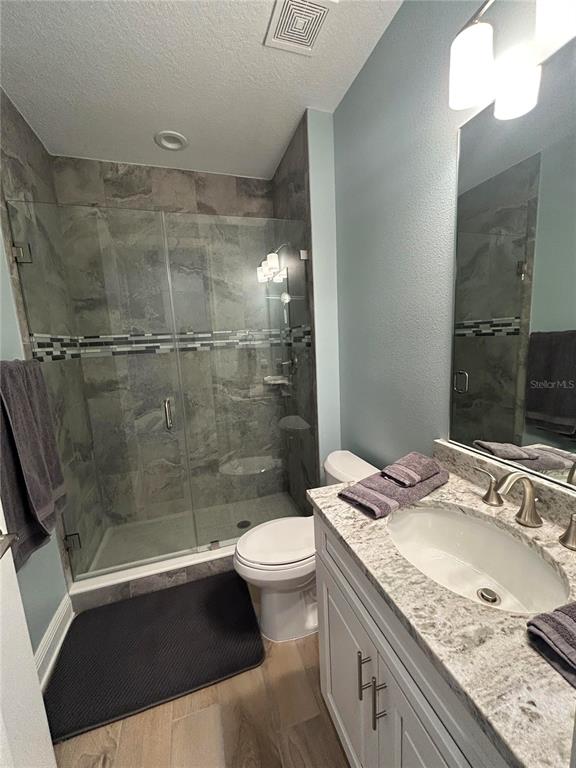 3426 79th Street Circle West, Unit 203 Bradenton, FL 34209 - Photo 20 of 30 a bathroom with a granite countertop sink a toilet a mirror and shower