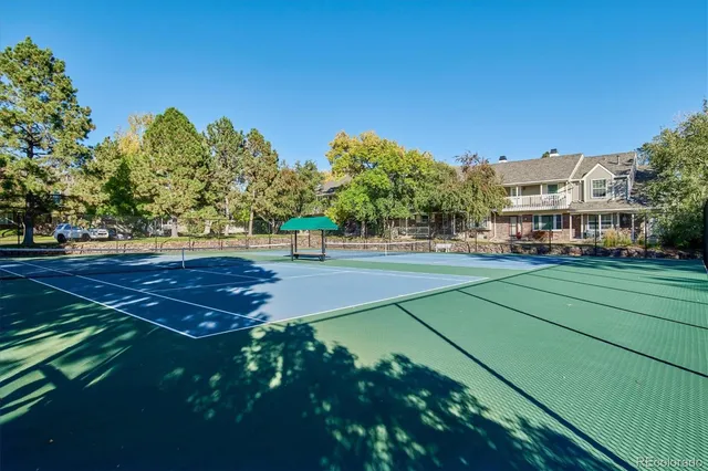 a view of a tennis ground with large trees