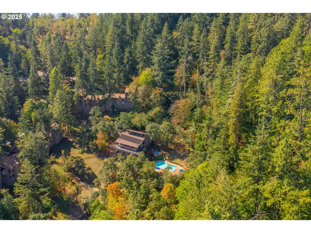 a bird view of building and trees in the background