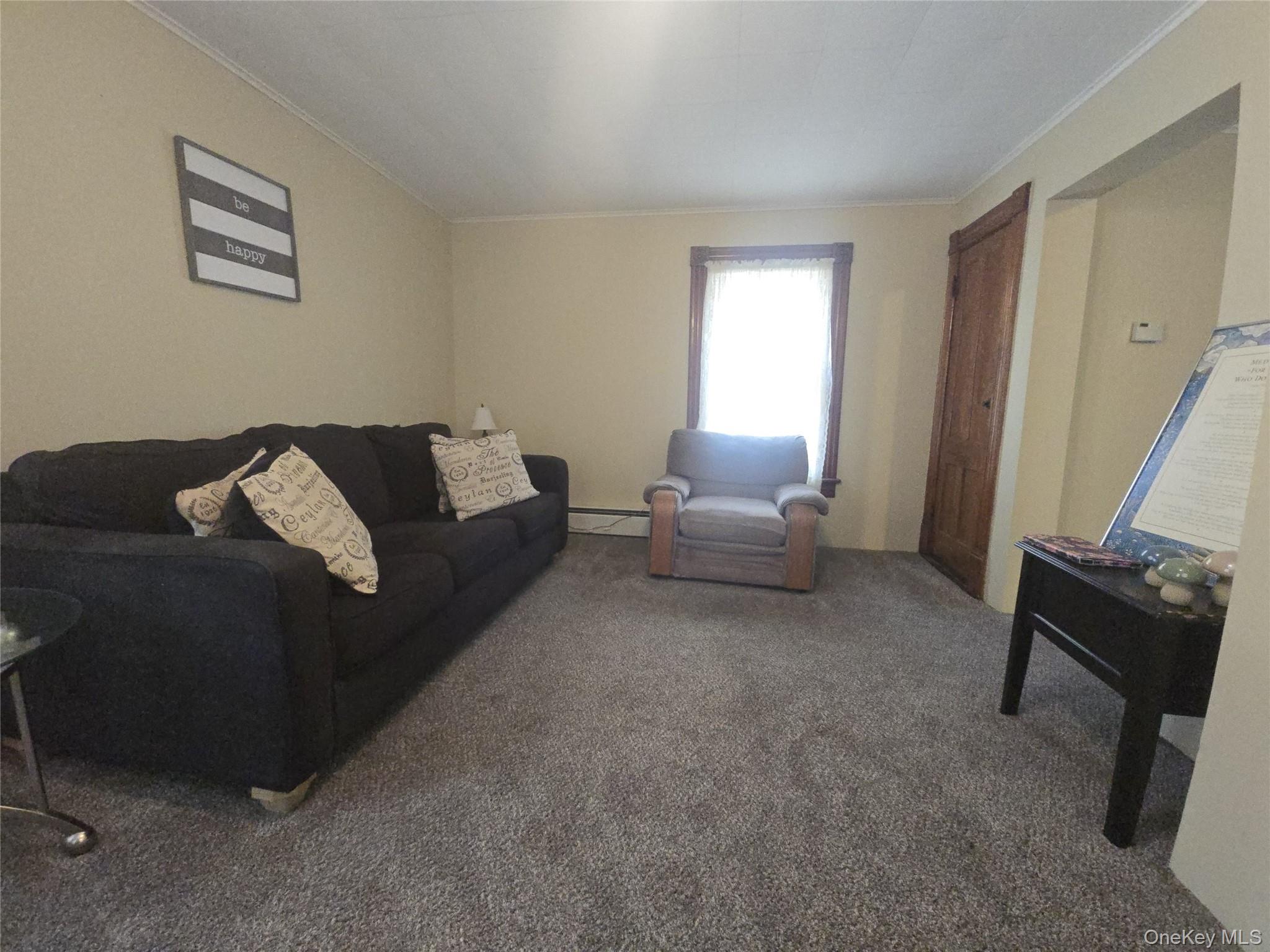 59 Bridge Street, Unit 2 Wallkill, NY 12589 - Photo 6 of 14 Living area with carpet flooring, crown molding, and a baseboard heating unit