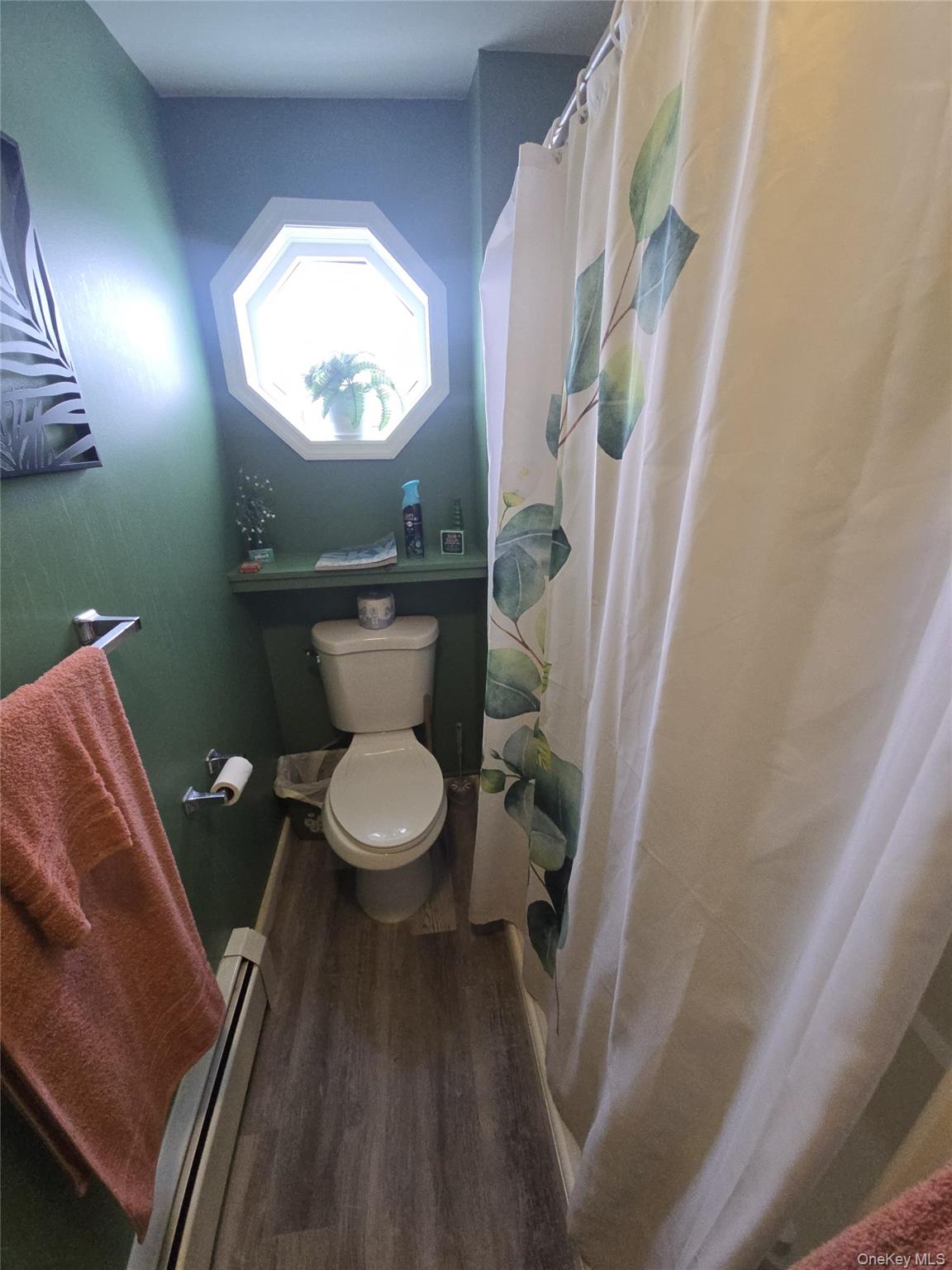 59 Bridge Street, Unit 2 Wallkill, NY 12589 - Photo 9 of 14 Bathroom with a shower with curtain, a baseboard radiator, and dark wood finished floors