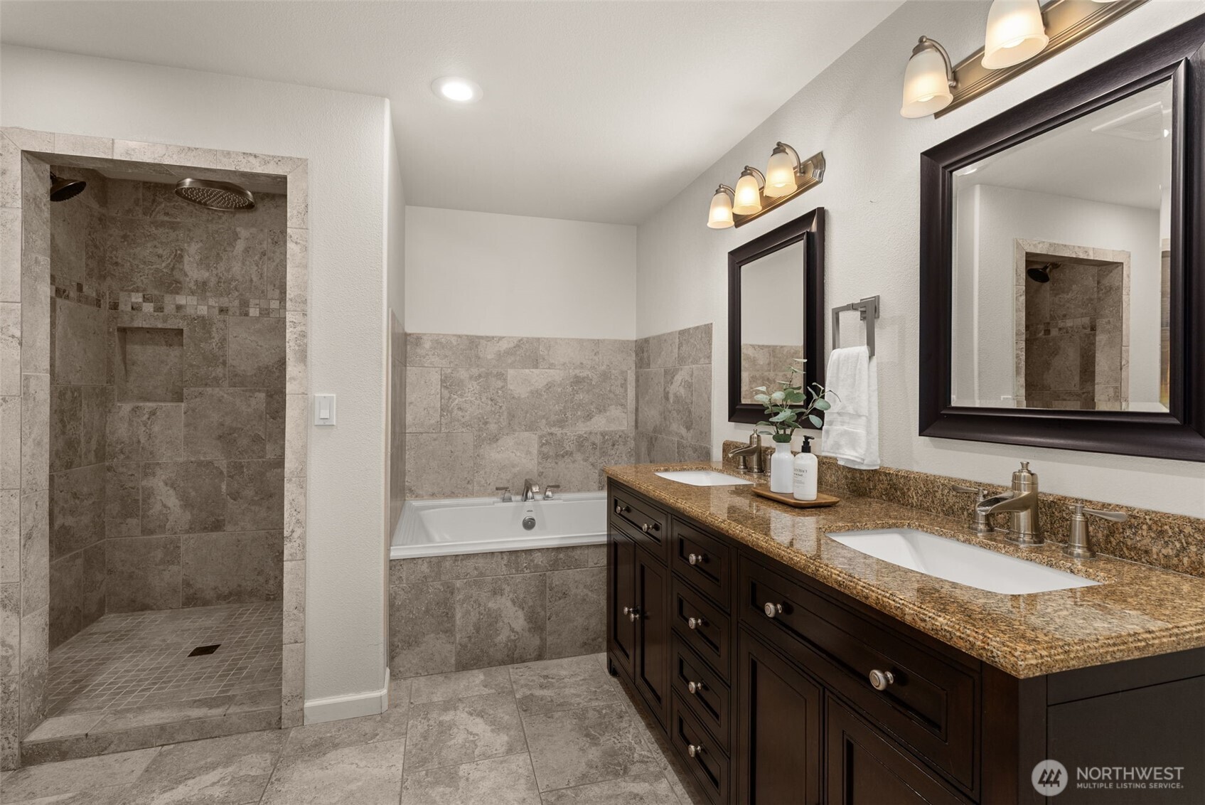 162 Southeast 16th Street Chehalis, WA 98532 - Photo 23 of 39 a bathroom with a granite countertop double vanity sink mirror and shower