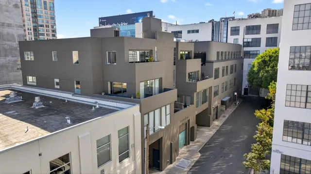 a view of a building from a patio