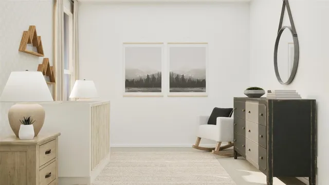 a bedroom with a bed a mirror and a window