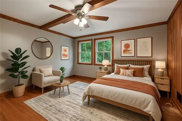 a bedroom with a large bed mirror and a window