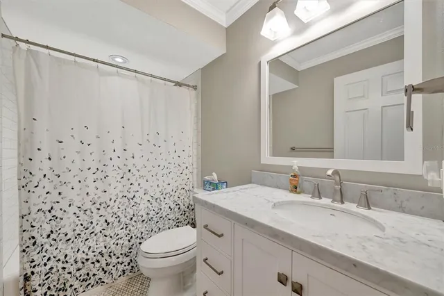 a bathroom with a granite countertop sink a toilet and shower