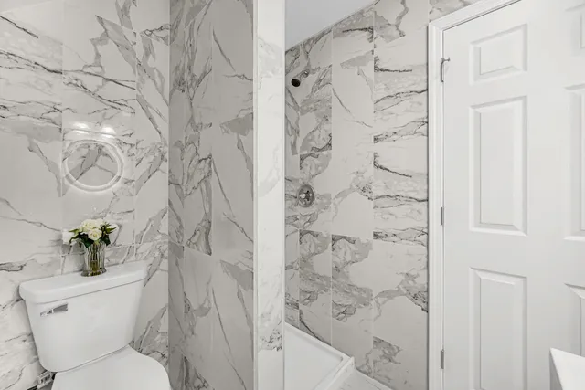 a white toilet sitting next to a shower curtain