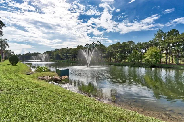 a view of a lake with houses in the back