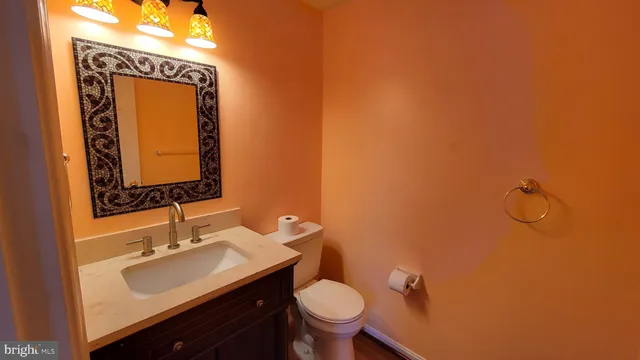a bathroom with a sink mirror and toilet