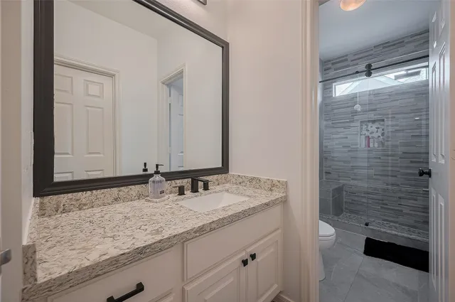 a bathroom with a granite countertop sink and a mirror