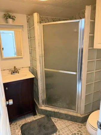 a bathroom with a sink a toilet a mirror and shower