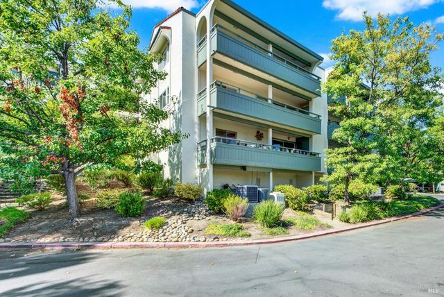 a view of a building with a yard and potted plants