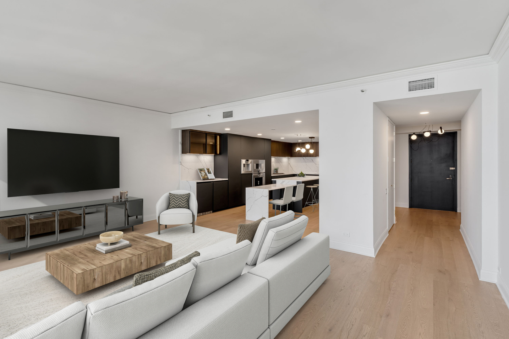 180 East Pearson Street, Unit 3502 Chicago, IL 60611 - Photo 4 of 33 a living room with furniture and a flat screen tv