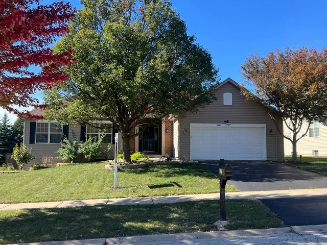a front view of house with yard and green space