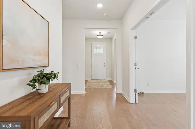 a view of a hallway with wooden floor and a potted plant