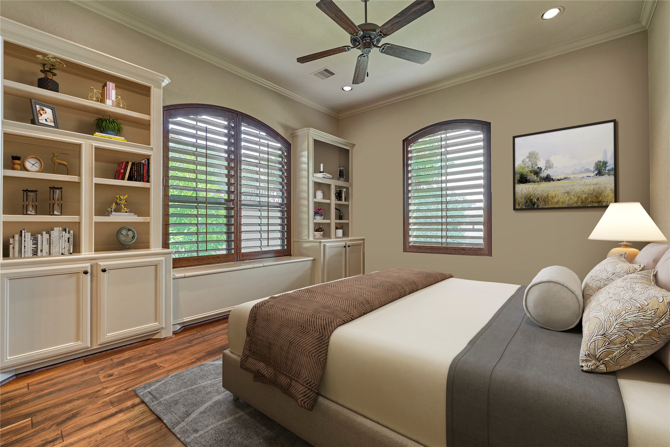 24803 Pearl Crest Lane Spring, TX 77389 - Photo 32 of 50 *This photo is virtually staged* Secondary bedroom #1 features built-ins, a ceiling fan, and plantation shutters.