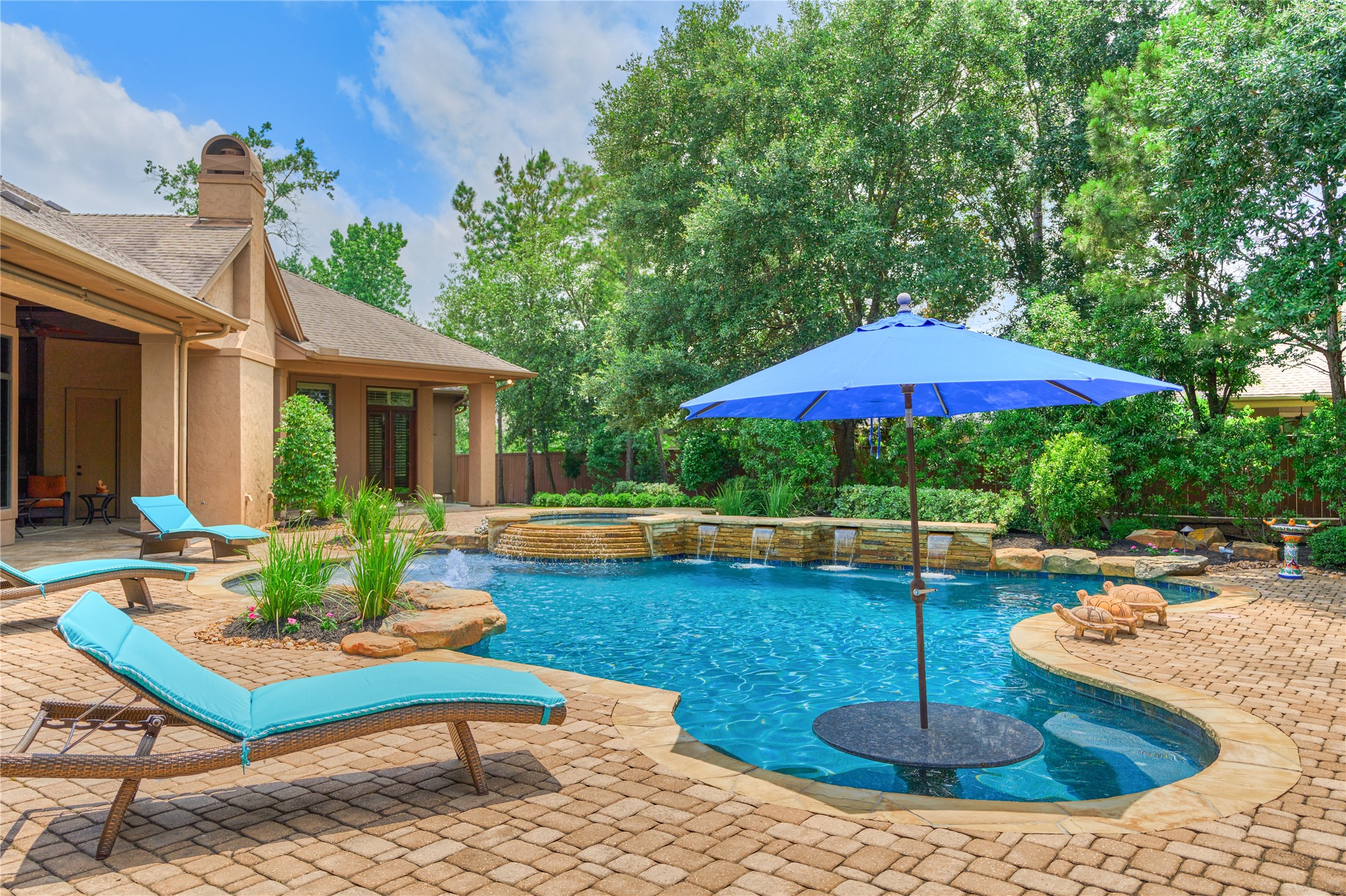 24803 Pearl Crest Lane Spring, TX 77389 - Photo 41 of 50 Wow! Boasting a brand NEW heater, this resort-style pool & spa offers privacy with surrounding mature vegetation—making it the perfect spot for year-round enjoyment.