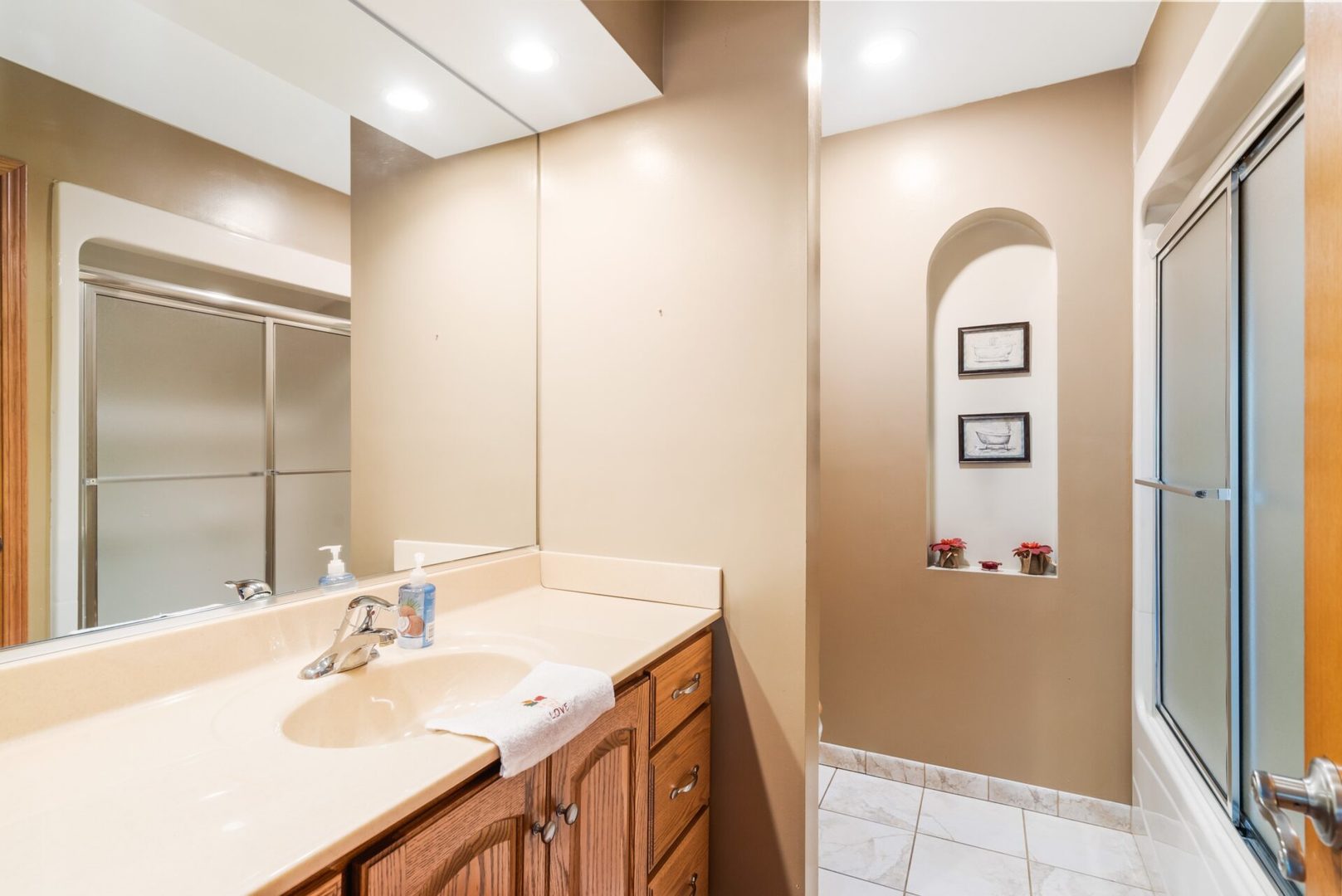 25123 South Chicago Road Elwood, IL 60421 - Photo 19 of 42 a bathroom with a sink a mirror and a shower