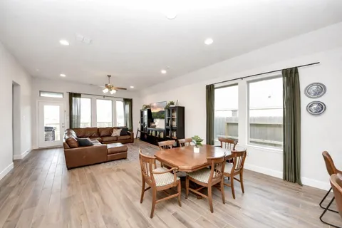 a view of a dining room with furniture window and wooden floor