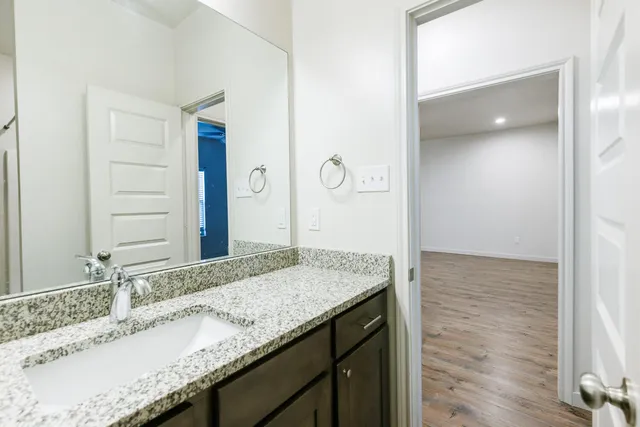 a bathroom with a granite countertop sink and a mirror