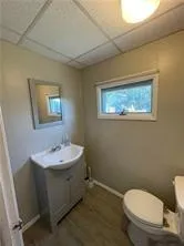a bathroom with a toilet sink and mirror