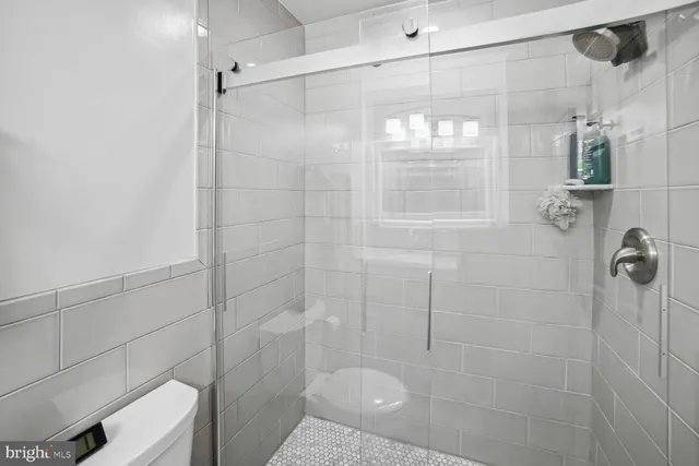 a bathroom with a shower and toilet