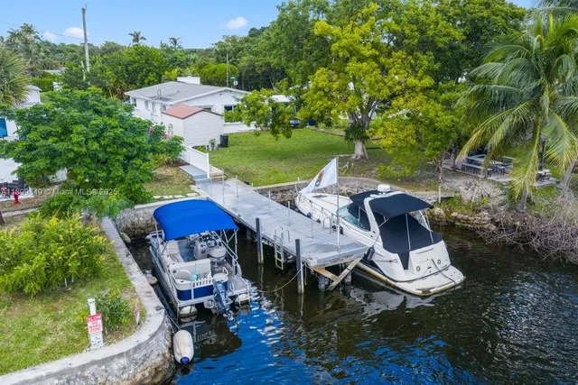 an aerial view of a house with a yard and potted plants