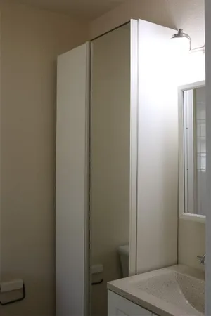 a bathroom with a shower and a toilet