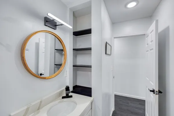 a bathroom with a sink a mirror and a shower