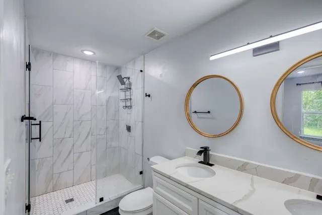 a bathroom with a sink a toilet and a mirror