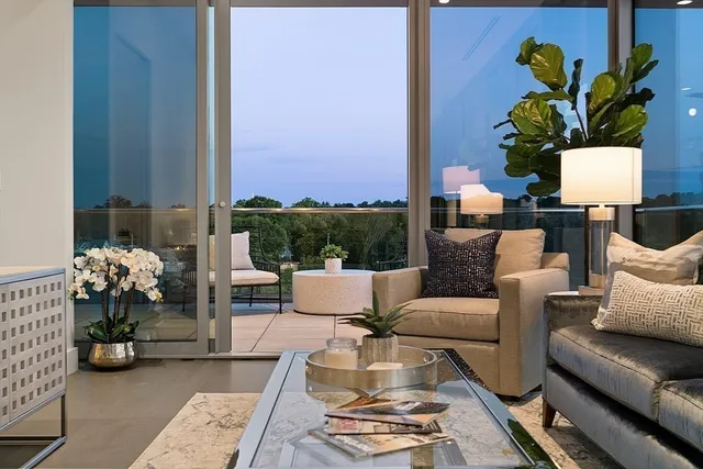 a living room with furniture flowerpot and a potted plant