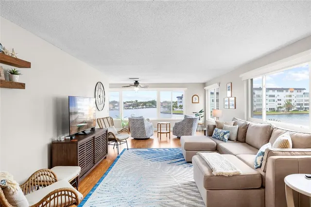 a living room with furniture a rug and a floor to ceiling window