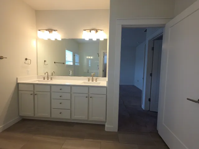a spacious bathroom with a double vanity sink a mirror and a shower