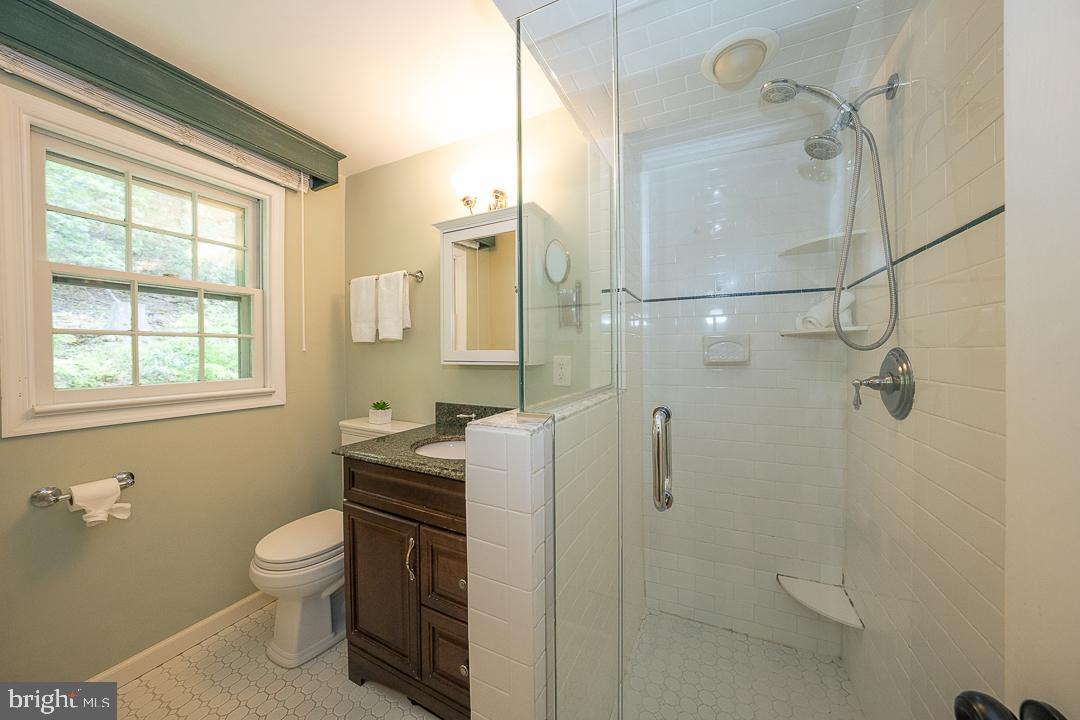 749 Mancill Road Wayne, PA 19087 - Photo 29 of 34 a bathroom with a granite countertop shower a toilet and a sink