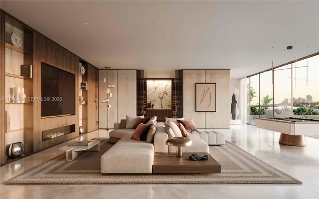 a terrace with a bench and lake view